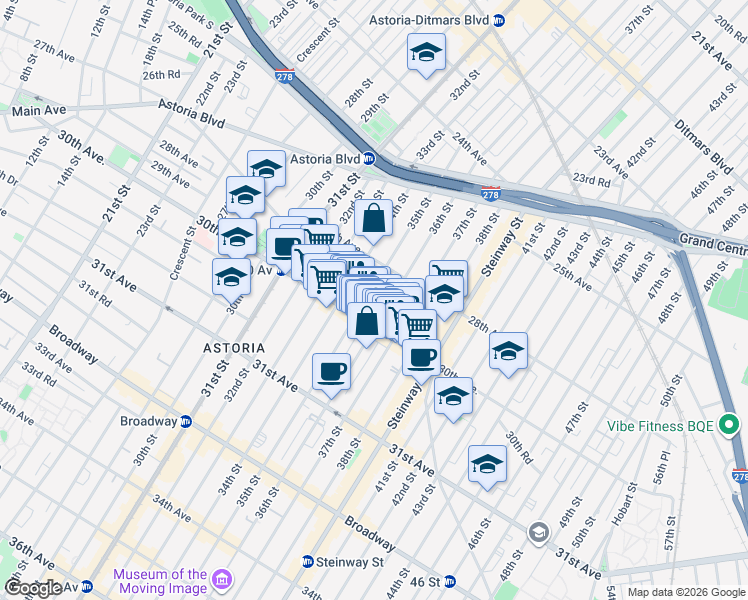 map of restaurants, bars, coffee shops, grocery stores, and more near 28-51 36th Street in Queens