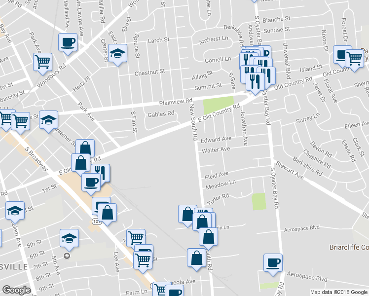 map of restaurants, bars, coffee shops, grocery stores, and more near in Hicksville