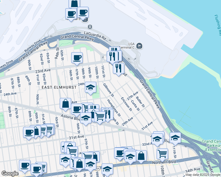 map of restaurants, bars, coffee shops, grocery stores, and more near in Queens