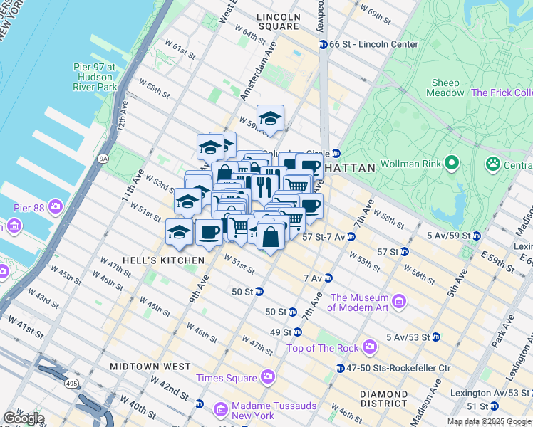 map of restaurants, bars, coffee shops, grocery stores, and more near 345 West 53rd Street in New York