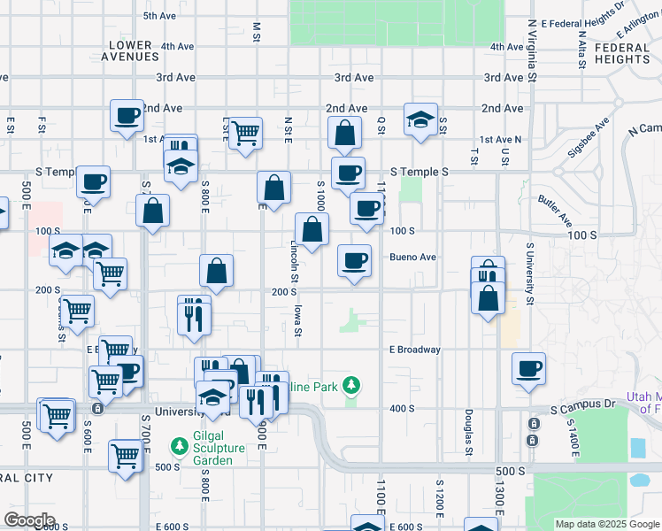 map of restaurants, bars, coffee shops, grocery stores, and more near 147 South 1000 East in Salt Lake City