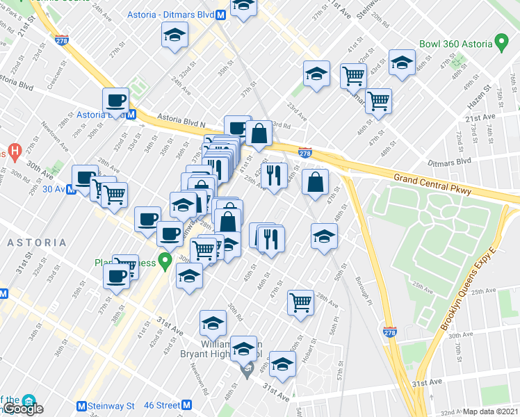 map of restaurants, bars, coffee shops, grocery stores, and more near 25-29 43rd Street in Queens