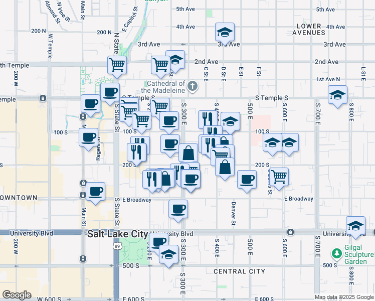 map of restaurants, bars, coffee shops, grocery stores, and more near 165 South 300 East in Salt Lake City
