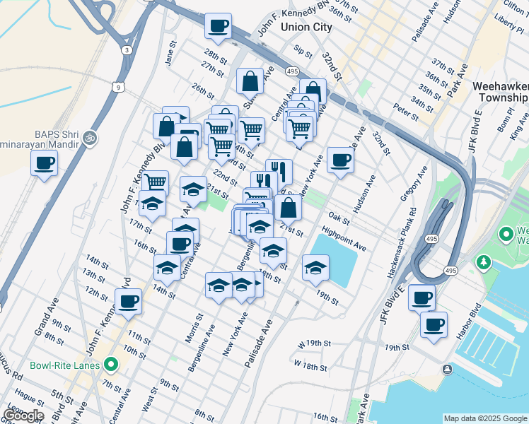 map of restaurants, bars, coffee shops, grocery stores, and more near 2025 Bergenline Avenue in Union City