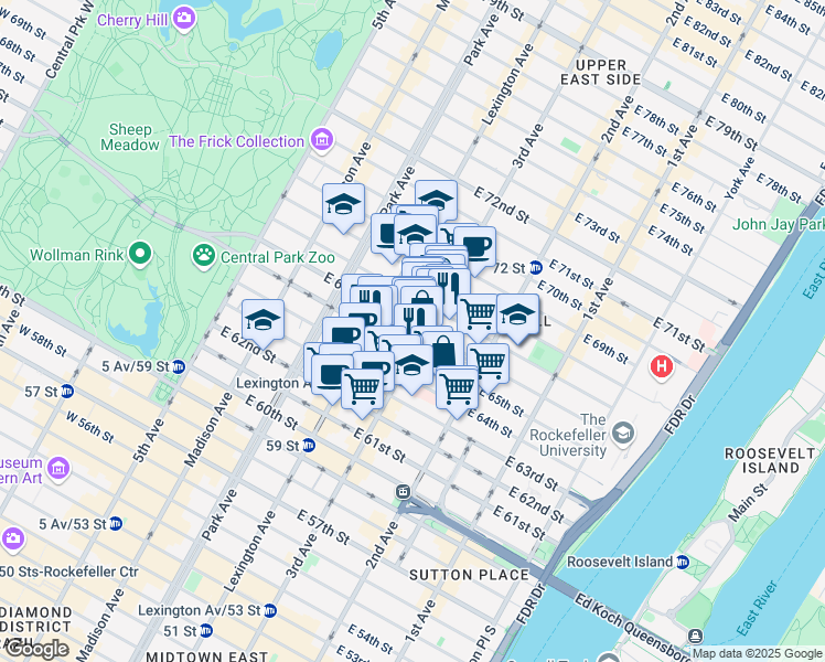 map of restaurants, bars, coffee shops, grocery stores, and more near 166 East 66th Street in New York