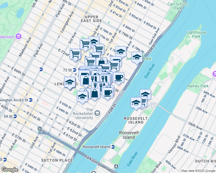 map of restaurants, bars, coffee shops, grocery stores, and more near 1324 York Avenue in New York