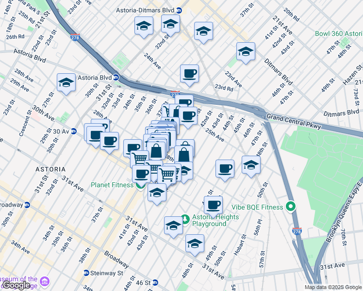 map of restaurants, bars, coffee shops, grocery stores, and more near in Queens