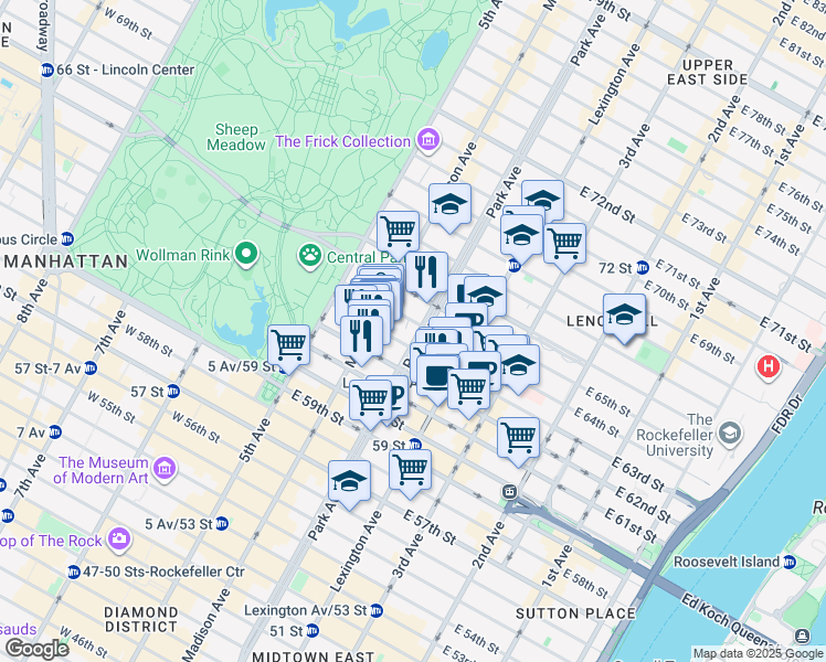 map of restaurants, bars, coffee shops, grocery stores, and more near 100 East 63rd Street in New York
