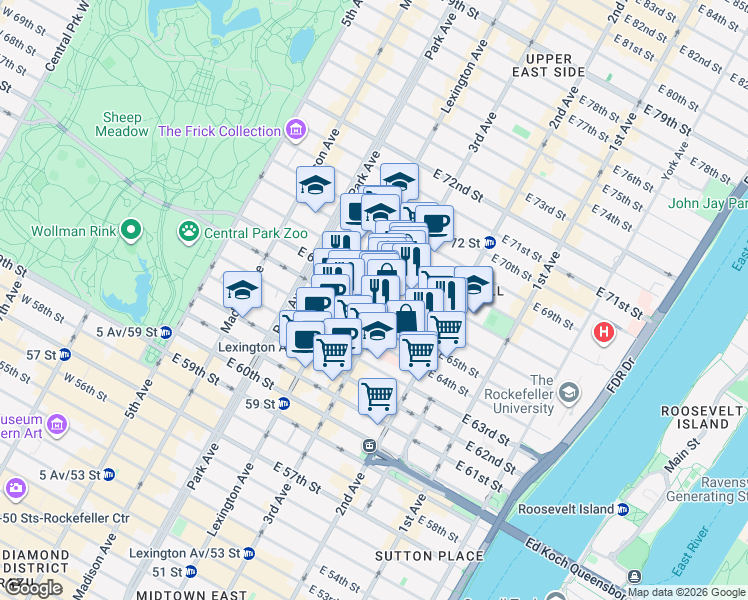 map of restaurants, bars, coffee shops, grocery stores, and more near 200-210 East 65th Street in New York