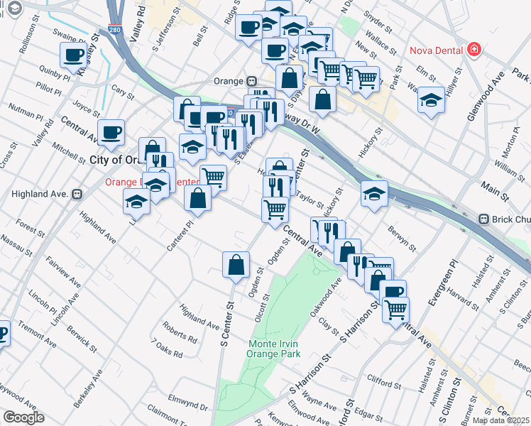 map of restaurants, bars, coffee shops, grocery stores, and more near 219 S Center St in Orange