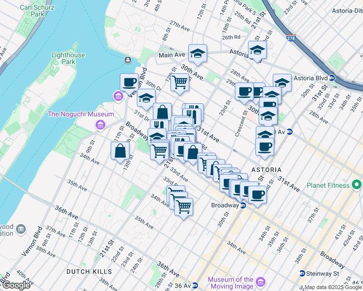 map of restaurants, bars, coffee shops, grocery stores, and more near 31-63 21st Street in Queens