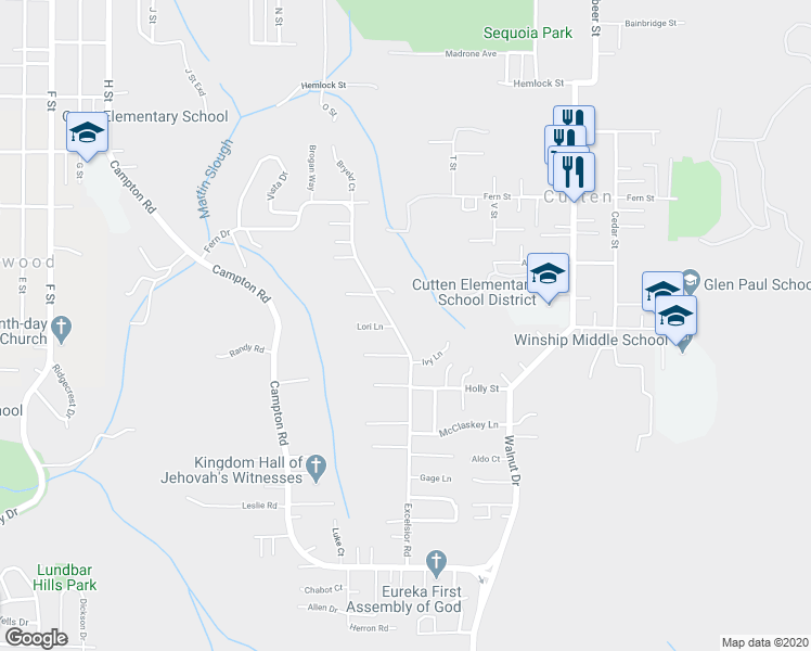 map of restaurants, bars, coffee shops, grocery stores, and more near 4219 Excelsior Road in Eureka