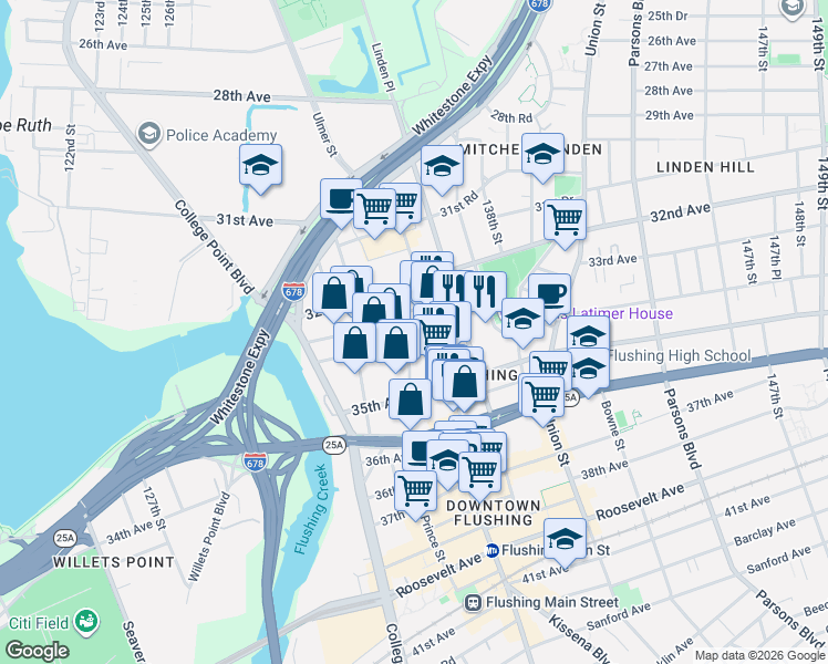 map of restaurants, bars, coffee shops, grocery stores, and more near 33-37 Prince Street in Queens