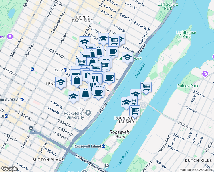 map of restaurants, bars, coffee shops, grocery stores, and more near 523 East 71st Street in New York