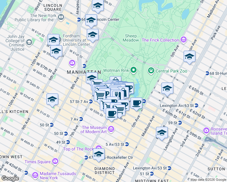 map of restaurants, bars, coffee shops, grocery stores, and more near 120 Central Park South in New York