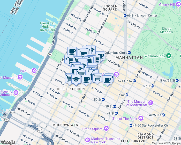 map of restaurants, bars, coffee shops, grocery stores, and more near 440 West 53rd Street in New York