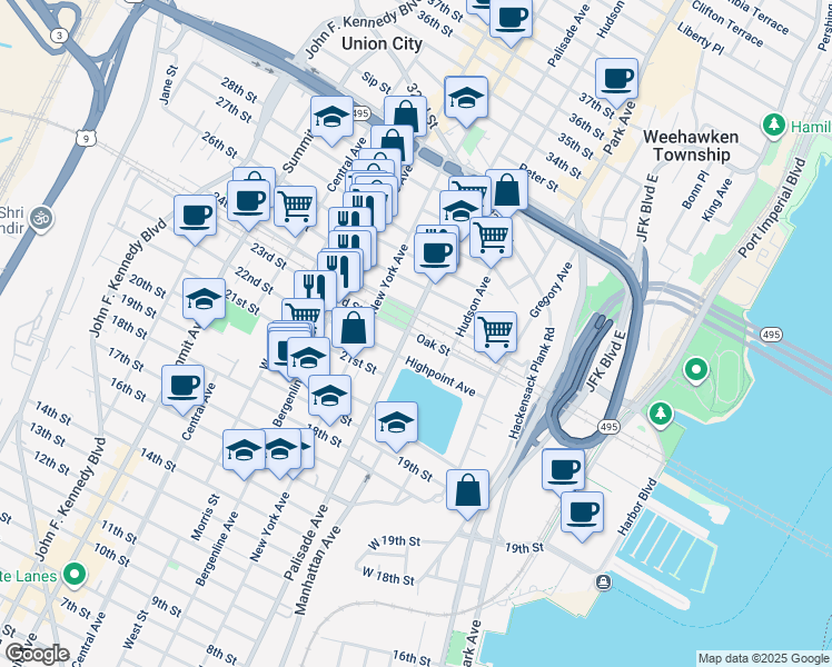 map of restaurants, bars, coffee shops, grocery stores, and more near 226 Oak Street in Weehawken