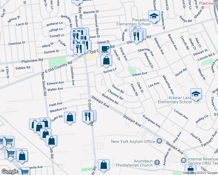 map of restaurants, bars, coffee shops, grocery stores, and more near 31 Cheshire Road in Bethpage