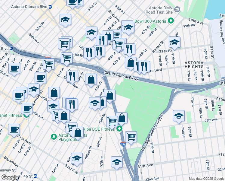 map of restaurants, bars, coffee shops, grocery stores, and more near 24-30 Brooklyn Queens Expressway West in Queens