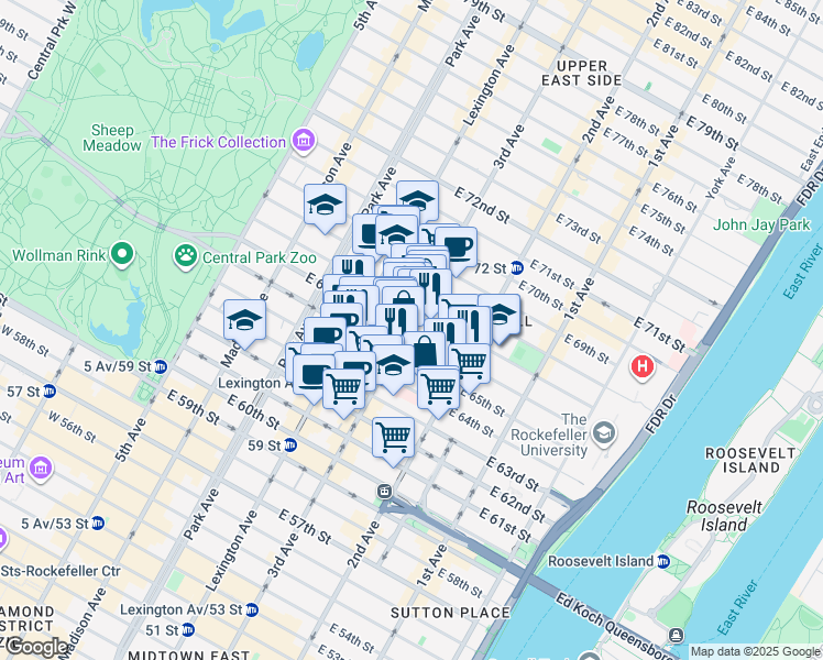 map of restaurants, bars, coffee shops, grocery stores, and more near 1131 3rd Avenue in New York