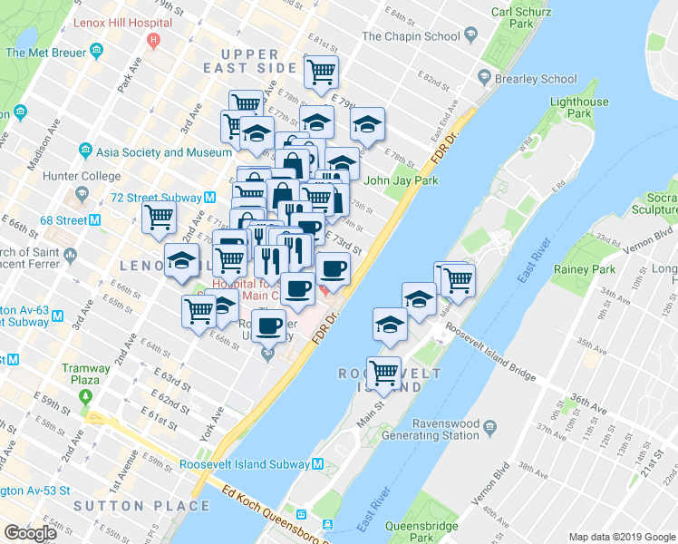 map of restaurants, bars, coffee shops, grocery stores, and more near 524 East 72nd Street in New York