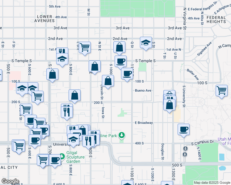 map of restaurants, bars, coffee shops, grocery stores, and more near 170 South 1000 East in Salt Lake City
