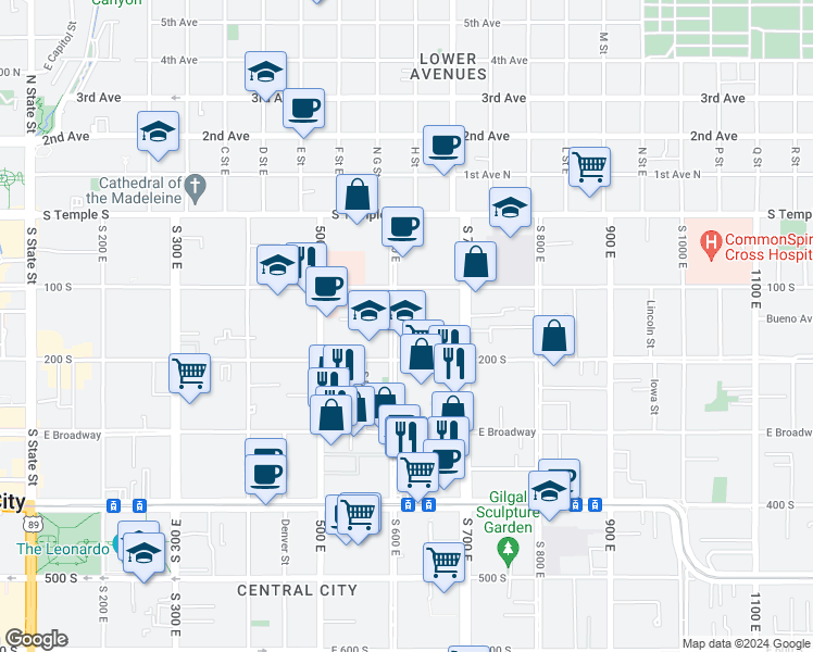 map of restaurants, bars, coffee shops, grocery stores, and more near 625 East 200 South in Salt Lake City