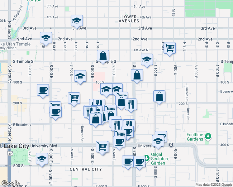 map of restaurants, bars, coffee shops, grocery stores, and more near 625 East 200 South in Salt Lake City