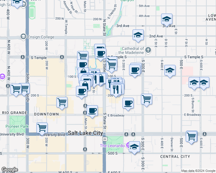 map of restaurants, bars, coffee shops, grocery stores, and more near 185 State Street in Salt Lake City