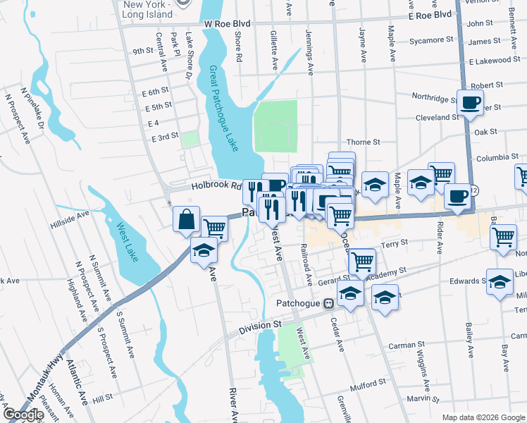 map of restaurants, bars, coffee shops, grocery stores, and more near in Patchogue