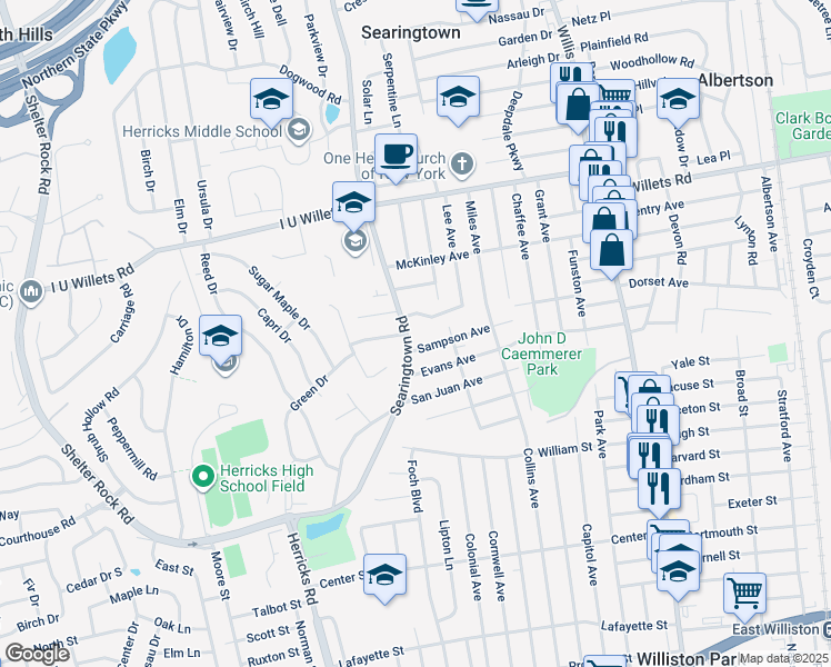 map of restaurants, bars, coffee shops, grocery stores, and more near 110 Searingtown Road in Albertson