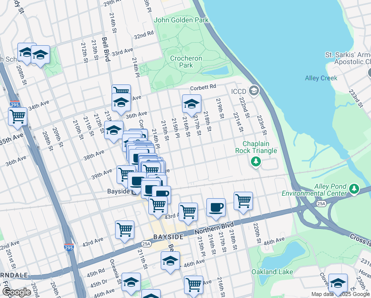 map of restaurants, bars, coffee shops, grocery stores, and more near 39-22 216th Street in Queens