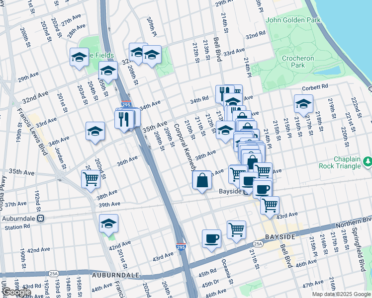 map of restaurants, bars, coffee shops, grocery stores, and more near 38-09 209th Street in Queens