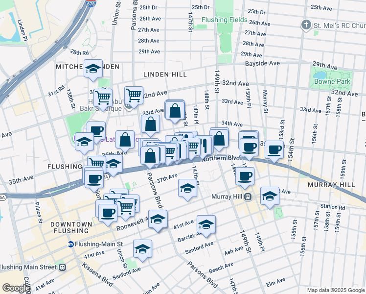 map of restaurants, bars, coffee shops, grocery stores, and more near 35-20 146th Street in Queens