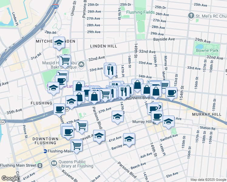 map of restaurants, bars, coffee shops, grocery stores, and more near 35-20 146th Street in Queens