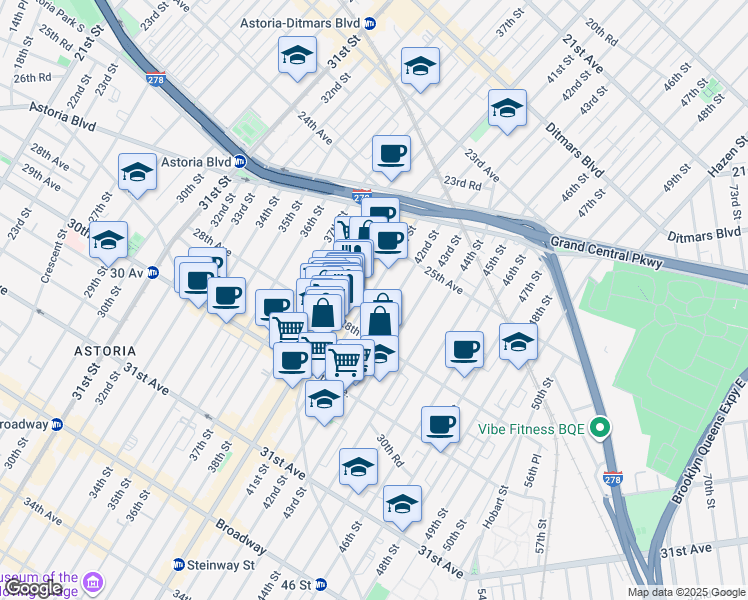 map of restaurants, bars, coffee shops, grocery stores, and more near 25-95 Steinway Street in Queens