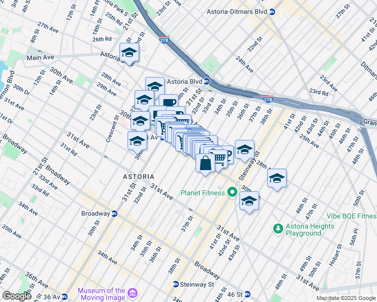map of restaurants, bars, coffee shops, grocery stores, and more near 34-14 30th Avenue in Queens