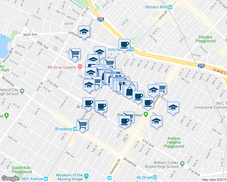 map of restaurants, bars, coffee shops, grocery stores, and more near 30-14 33rd Street in Queens