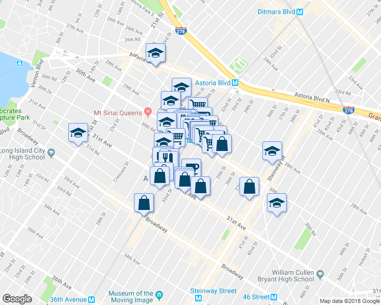 map of restaurants, bars, coffee shops, grocery stores, and more near 30-40 32nd Street in Queens