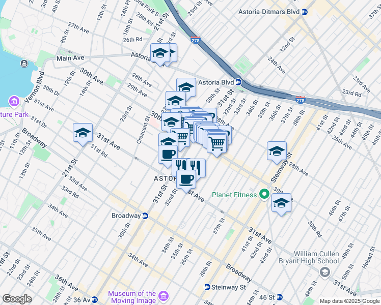 map of restaurants, bars, coffee shops, grocery stores, and more near 30-40 32nd Street in Queens