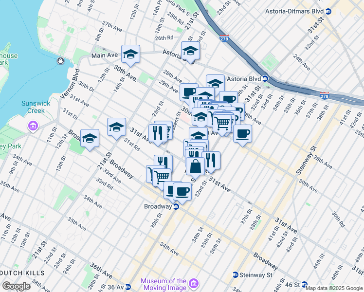 map of restaurants, bars, coffee shops, grocery stores, and more near 30-83 29th Street in Queens
