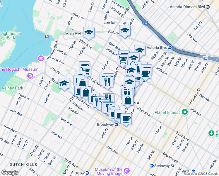map of restaurants, bars, coffee shops, grocery stores, and more near in Queens