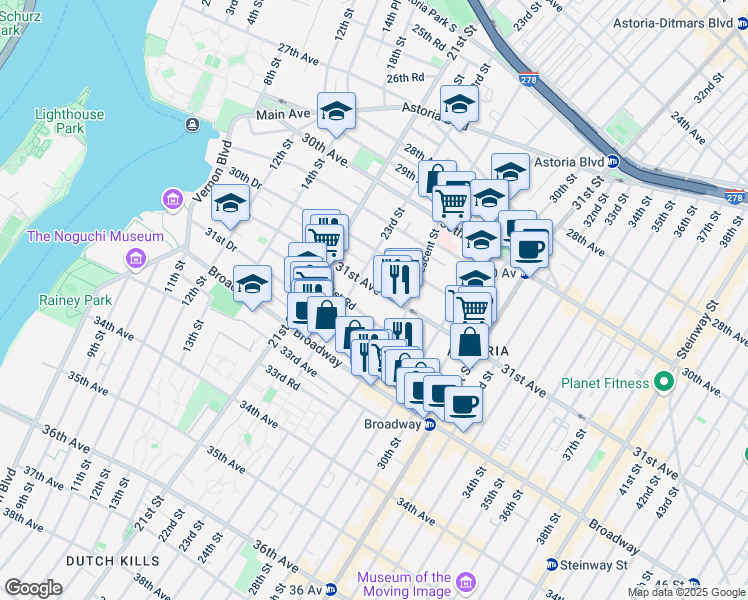 map of restaurants, bars, coffee shops, grocery stores, and more near 23-41 31st Road in Queens