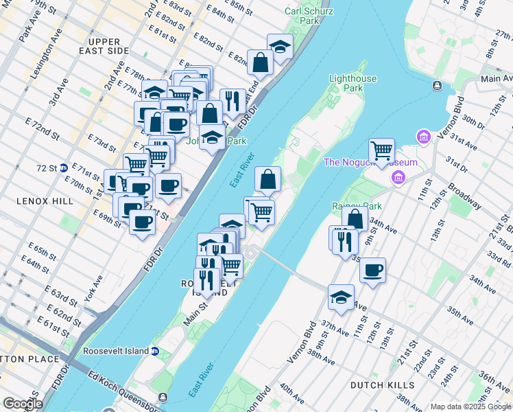 map of restaurants, bars, coffee shops, grocery stores, and more near 4 River Road in New York
