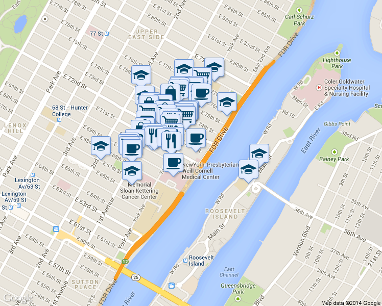 map of restaurants, bars, coffee shops, grocery stores, and more near 523 East 71st Street in New York