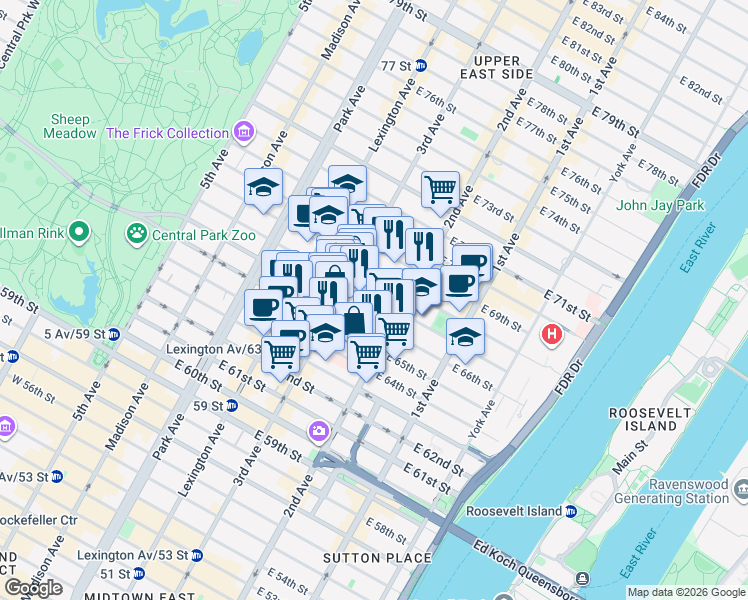 map of restaurants, bars, coffee shops, grocery stores, and more near 221 East 66th Street in New York