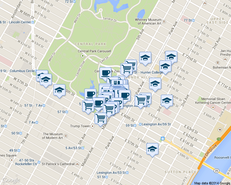 map of restaurants, bars, coffee shops, grocery stores, and more near 10 East 62nd Street in New York