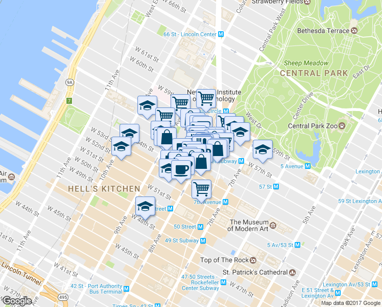 map of restaurants, bars, coffee shops, grocery stores, and more near 304 West 55th Street in New York