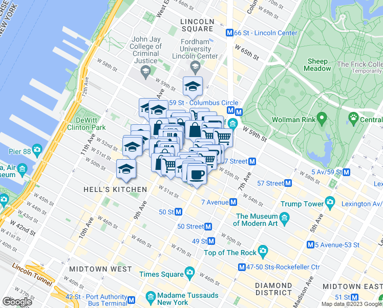 map of restaurants, bars, coffee shops, grocery stores, and more near 345 West 53rd Street in New York