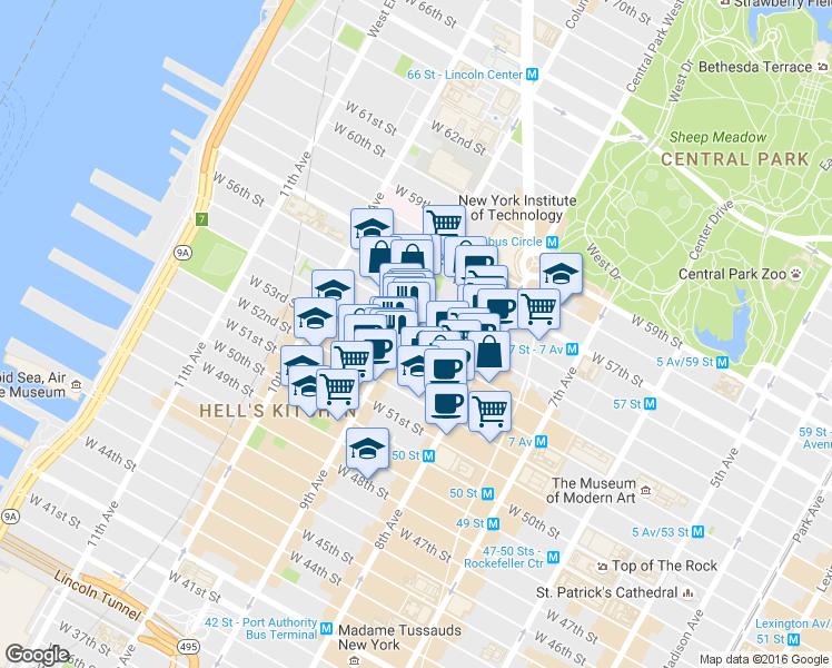map of restaurants, bars, coffee shops, grocery stores, and more near 345 West 53rd Street in New York